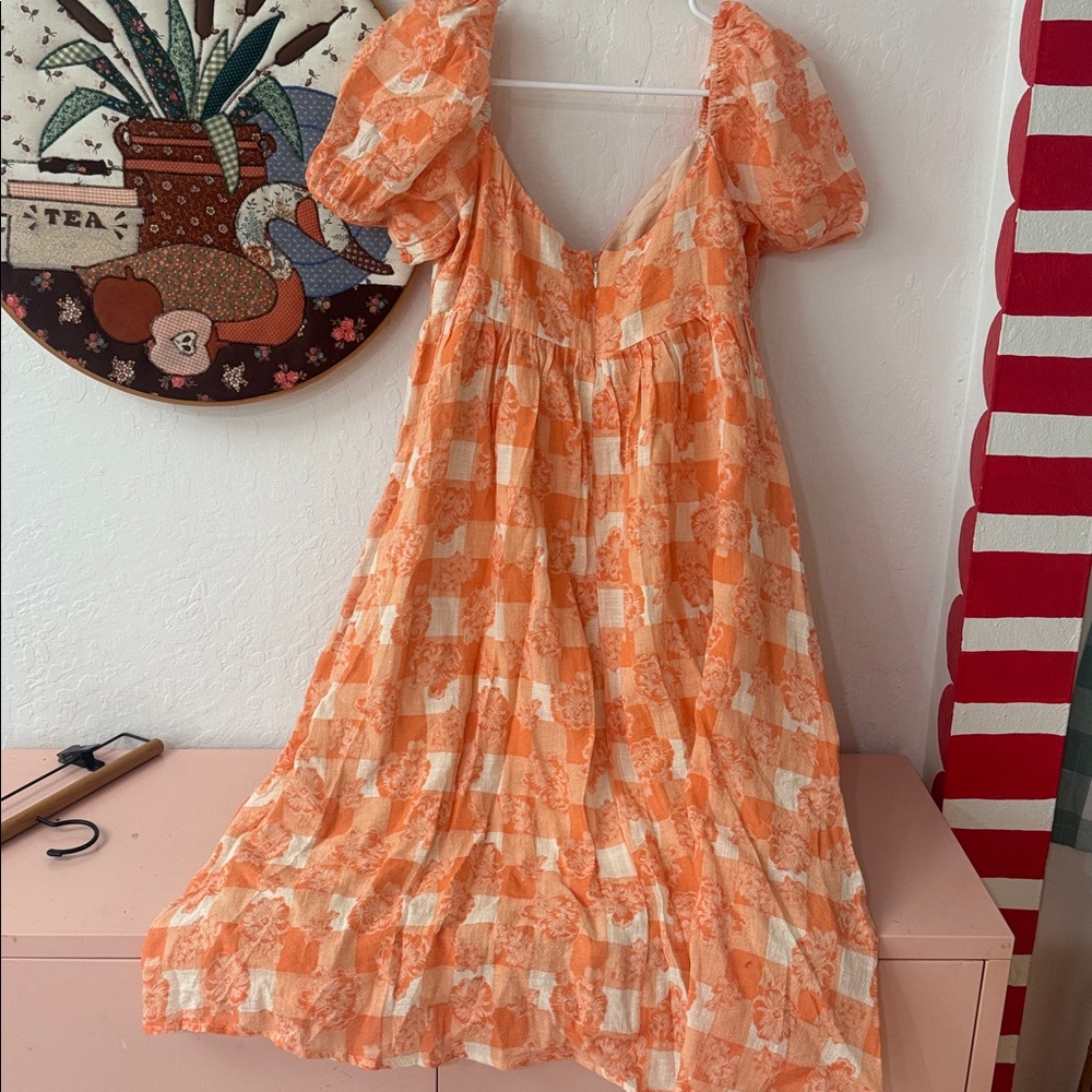 Olivaceous Orange White Floral Check Puff Sleeve Midi Dress Tie Front M NWT - Picture 4 of 4